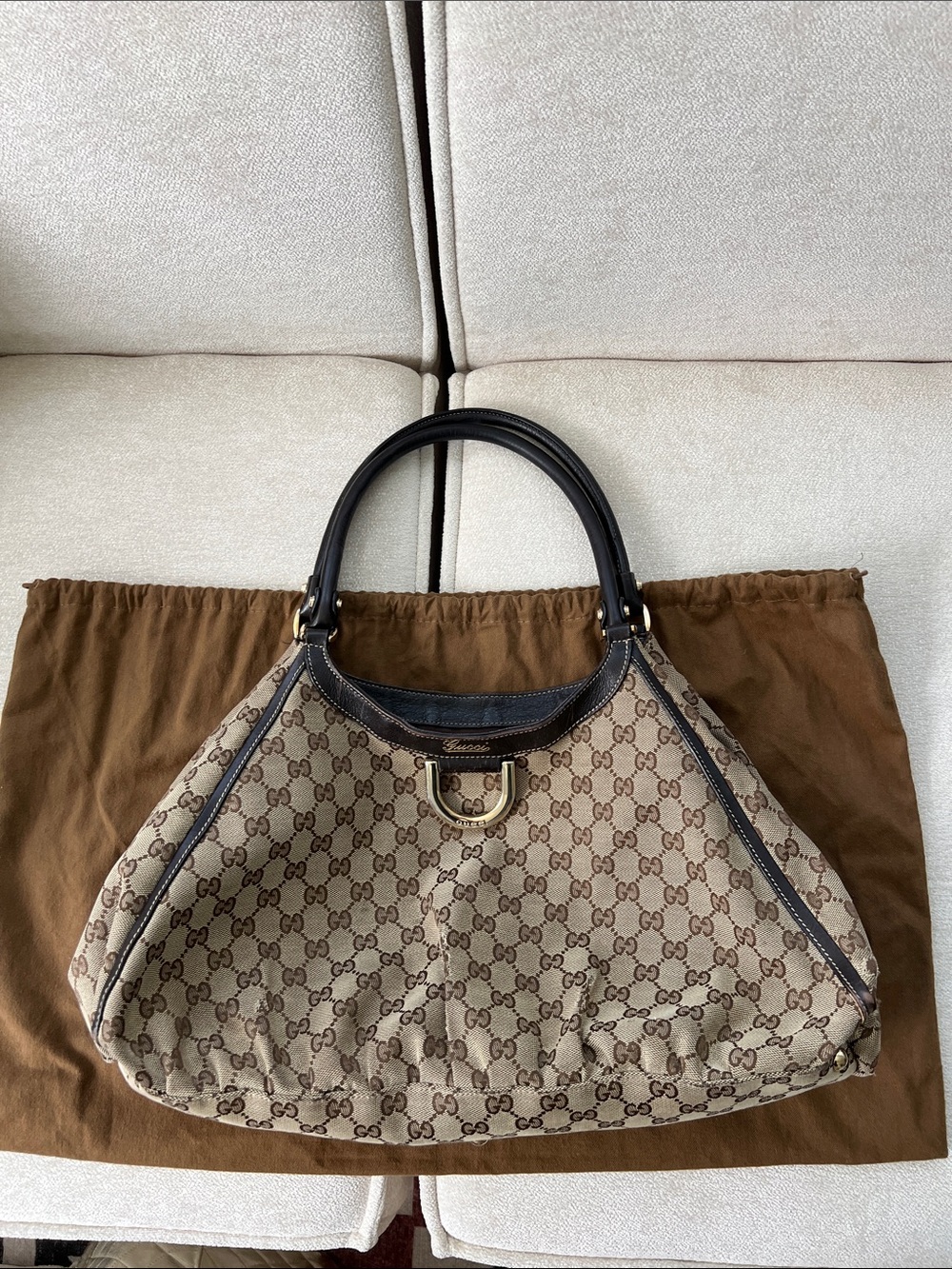 Gucci Beige Brown GG Canvas Tote with Dark Brown Trim